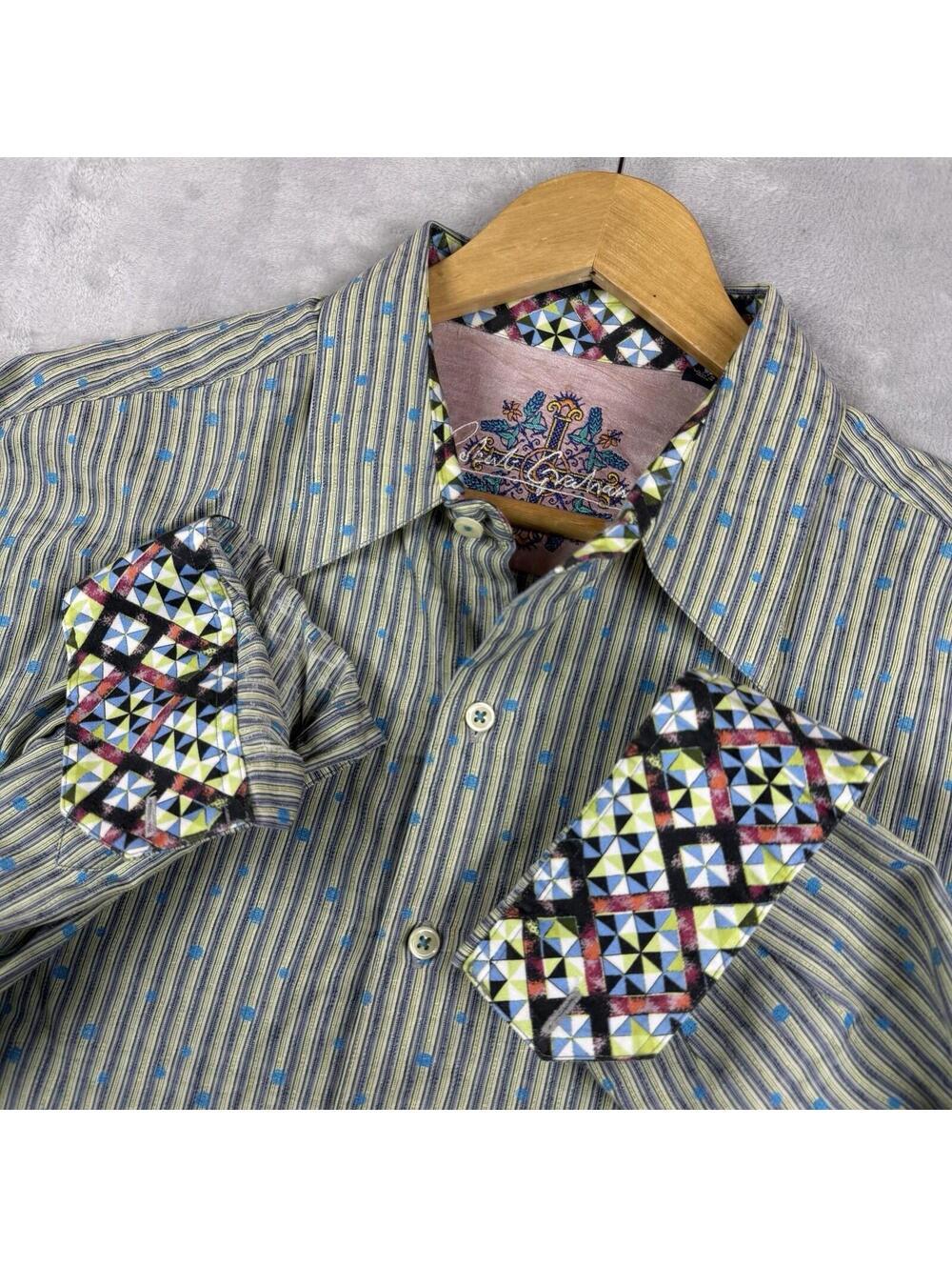 Robert Graham Shirt Mens XL Green Striped Flip Cuff Button Front Luxury Preppy